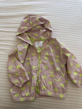 Zara Girls Light Pink Hooded Raincoat with Neon Yellow Hearts